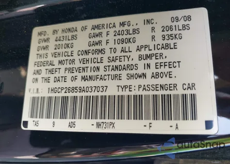 2009 Honda Accord 2.4 Ex-L z USA, uszkodzony, nr VIN 1HGCP26859A037037